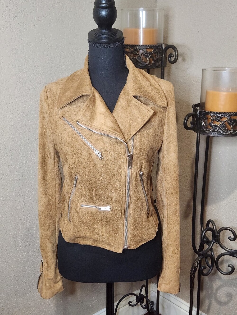 Lulu's Suede With Love Tan Suede Moto Jacket with Asymmetrical Zip Size Small